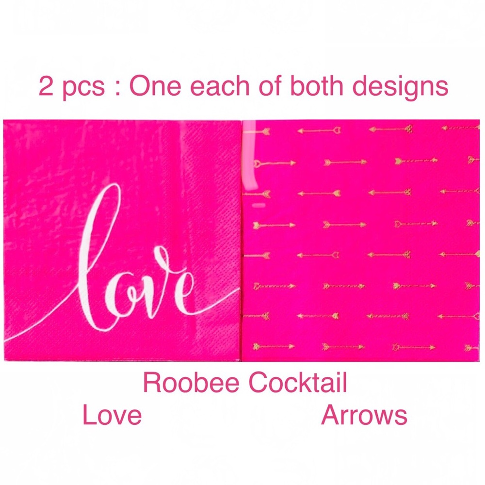 Two (2) INDIVIDUAL Hot Pink and Gold Cocktail Napkins - Love and Arrows Design